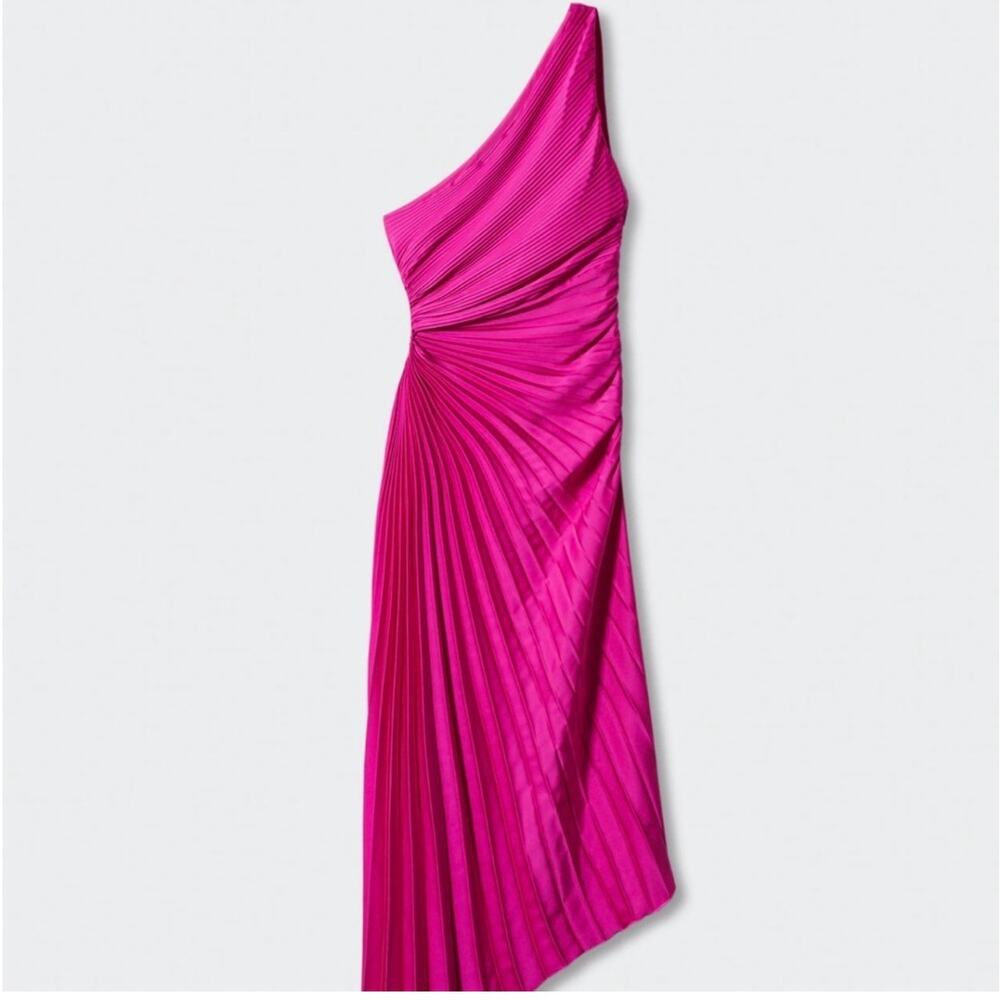 Mango One Shoulder Satin Asymmetric Pleated Maxi Dress Pink Sz 4 Wedding Guest - Picture 5 of 6